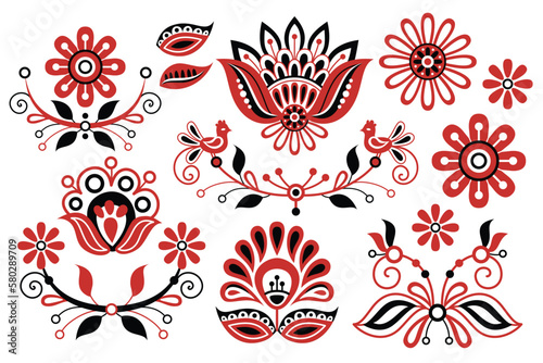 Set of Flowers Inspired by Ukrainian Traditional Embroidery. Ethnic Floral Motif, Handmade Craft Art. Traditional Ukrainian Red and Black Embroidery. Single Design Elements. Vector Illustration