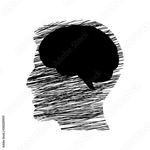 Fototapeta Naklejka Na Ścianę i Meble -  The silhouette of the man's head is drawn in strokes. The silhouette of the brain is black. 