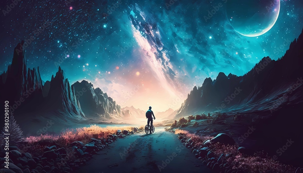 Bike rider in space , galaxy background , universe , 4K, generative AI 