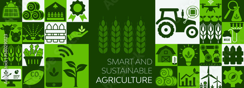 Agriculture and farming vector illustration using smart and ecological practices. Sustainable agriculture, crop harvesting and cultivation, farm business infographic, green idea with modern agronomy. 
