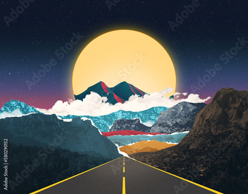 Konstfotografi Beautiful surreal zine matte painting landscape Highway road going to horizont N