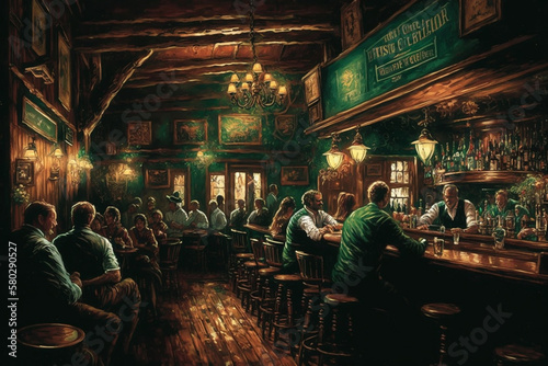 A bustling Irish pub, filled with jovial patrons raising their glasses in celebration. intricate details of wooden bar and stools. perfect for anyone who loves lively spirit of St. Patrick's Day. Ai