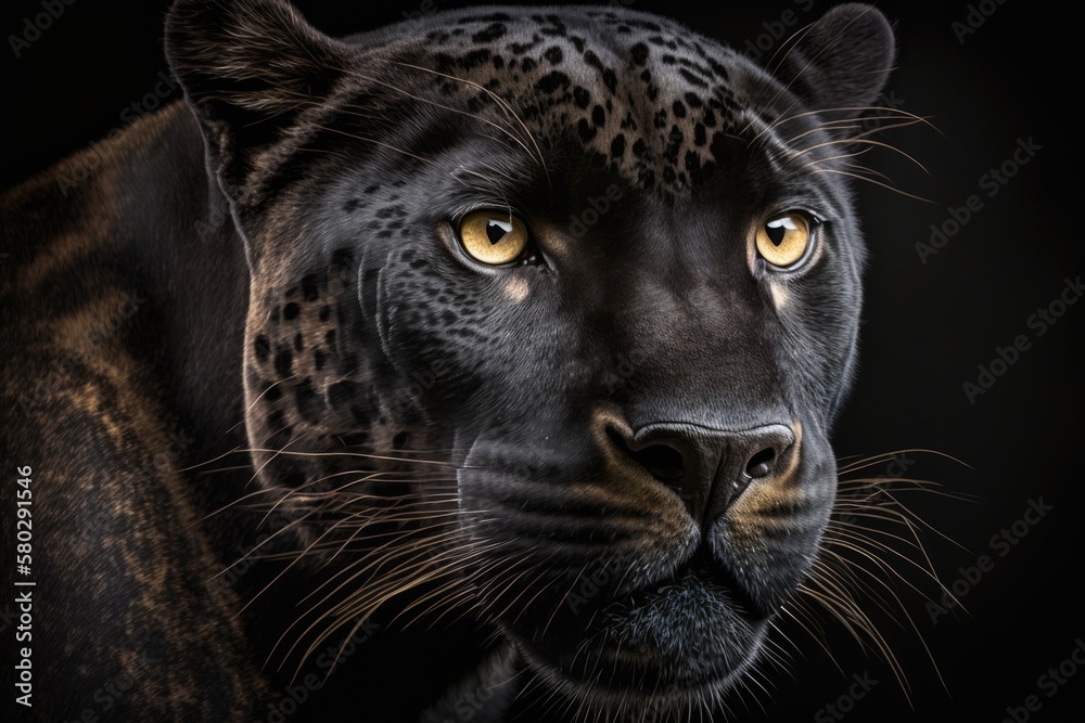 Shot in close up against a black background, featuring a black panther. Generative AI