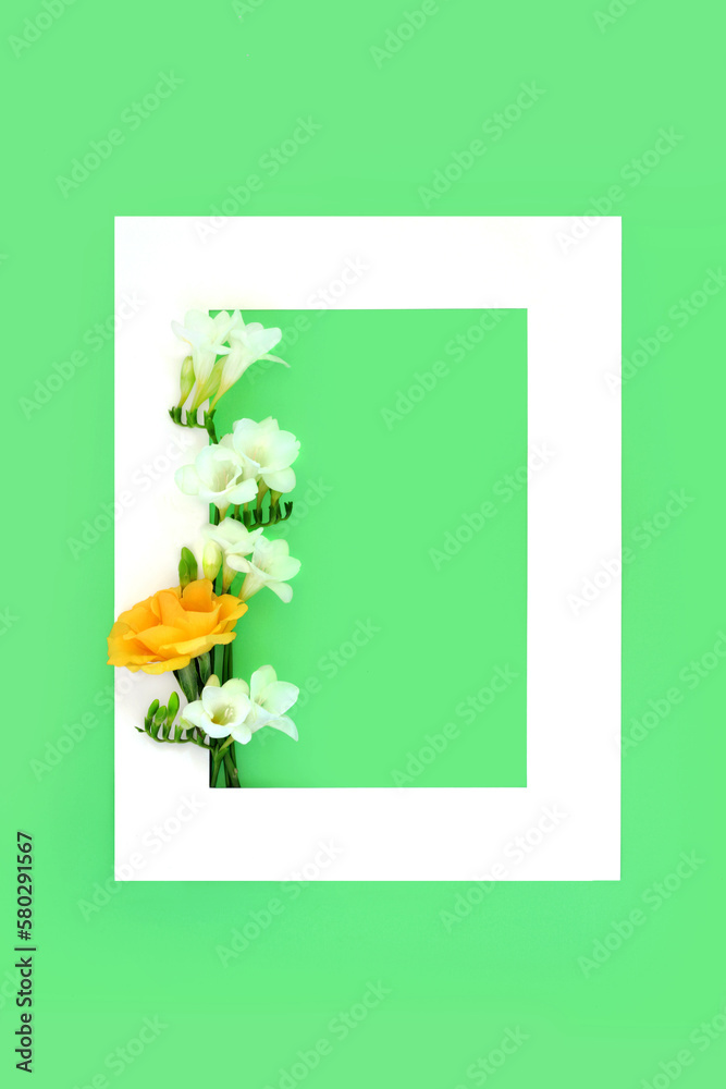 Memorial RIP background border. Rose freesia flower on white frame on