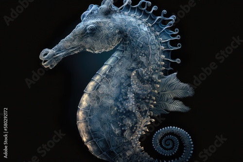 Seahorse on a dark background (Hippocamp) rasterized version. Generative AI photo