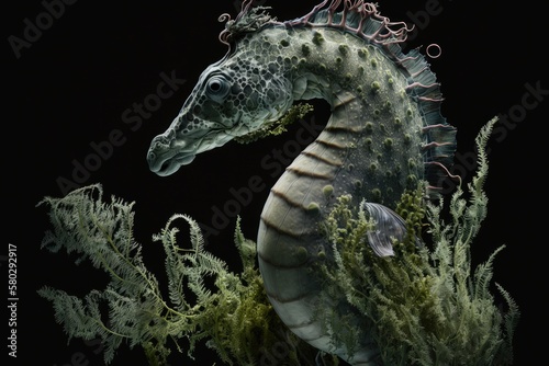 The spotted seahorse Hippocampus kuda is clinging to a piece of seaweed. Generative AI