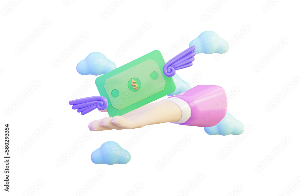 flying dollar holding icon with cloud hand on white background 3d render concept for money savings flying dollar holding icon with cloud hand on white background 3d render concept for money savings