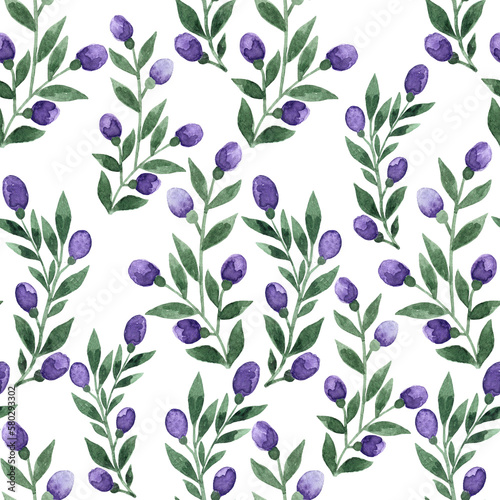 Hand drawn seamless endless watercolor floral pattern with small twigs with violet purple buds and burgeons on white background.Aquarelle backdrop as design element for printing