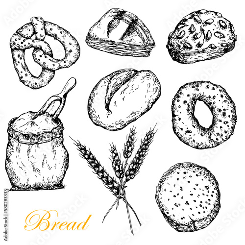 Bread Set. Whole . Cereal buns. Brenzel. Bag of flour. Bread ears.Vector hand drawn illustration in graphic style. Black and white sketch. Isolated on white .Design for packaging, labels 