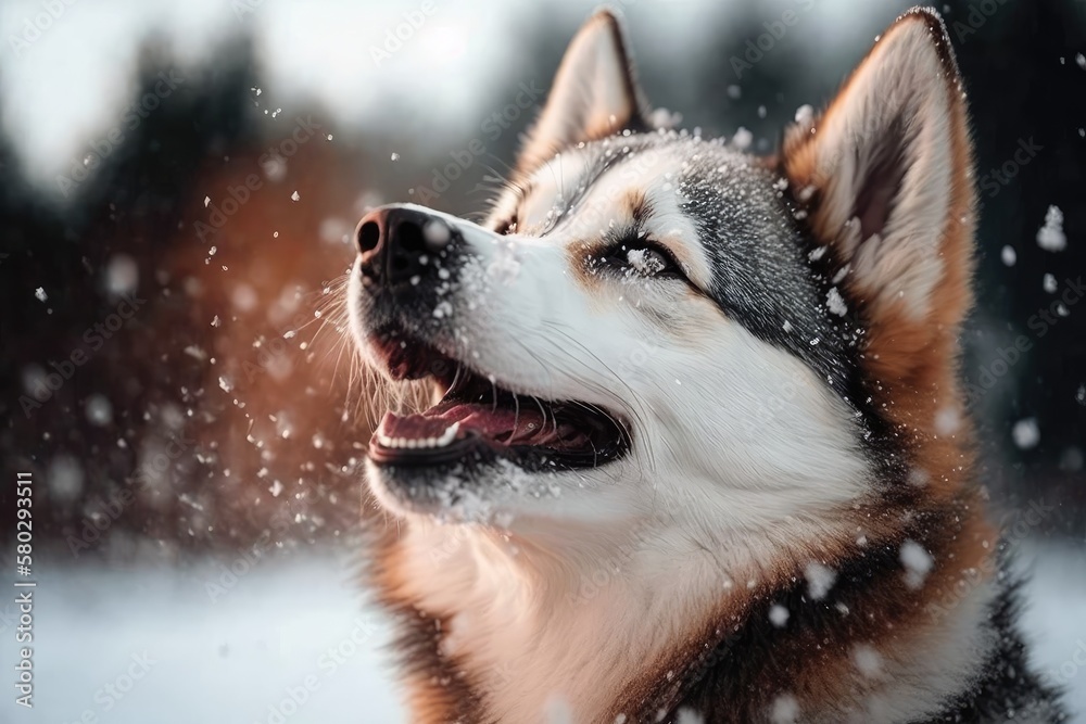 Gorgeous Siberian husky enjoys a snow lick at the park. Generative AI