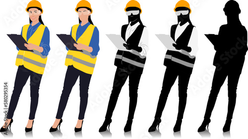 Female construction worker holding a clipboard wearing helmet and vest. Different color options. Hand-drawn vector illustration isolated on white. Full length view	