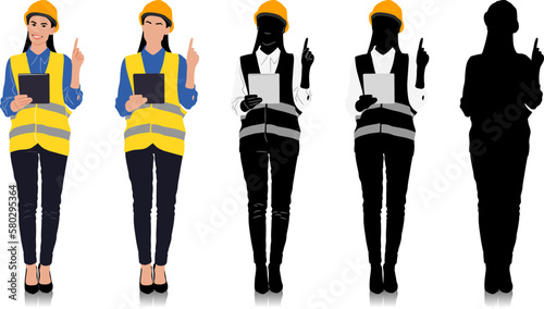 Female construction worker using a digital tablet and pointing with a finger wearing helmet and vest. Different color options. Hand-drawn vector illustration isolated on white. Full length view	