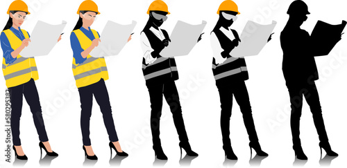 Female construction looking at a blueprint wearing helmet and vest. Different color options. Hand-drawn vector illustration isolated on white. Full length view	