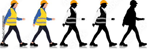 Female construction worker walking wearing helmet and vest. Different color options. Hand-drawn vector illustration isolated on white. Full length view	