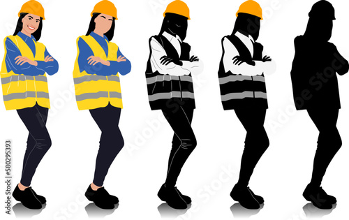 Female construction worker with crossed hands wearing helmet and vest. Different color options. Hand-drawn vector illustration isolated on white. Full length view	