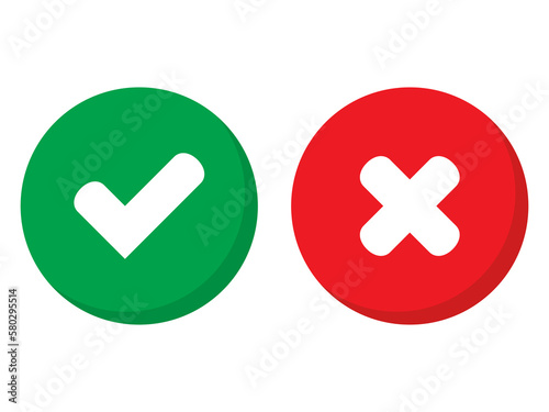 Green tick and red cross checkmarks in circle flat icons. Yes or no line symbol, approved or rejected icon for user interface.