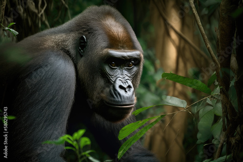 Illustration of a Congo lowland gorilla in the jungle. Wildlife in the African rainforest. © TungYueh