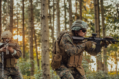 Photography A group of modern warfare soldiers is fighting a war in dangerous remote forest areas