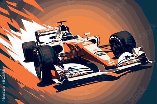Formula one racer. Vector art of fast racing car. F1 driver competing at high speed. Isolated concept art of automobile race on circuit. Championship for the win. Grand winner in his vehicle poster.