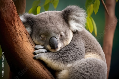 Koala Bear Dozing in the Treetops as a Portrait. Generative AI