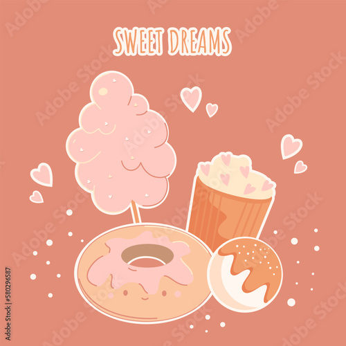 Vector illustration for postcard, sweet dreams message. With donut, cotton candy, cupcake, ice cream. Funny cute print