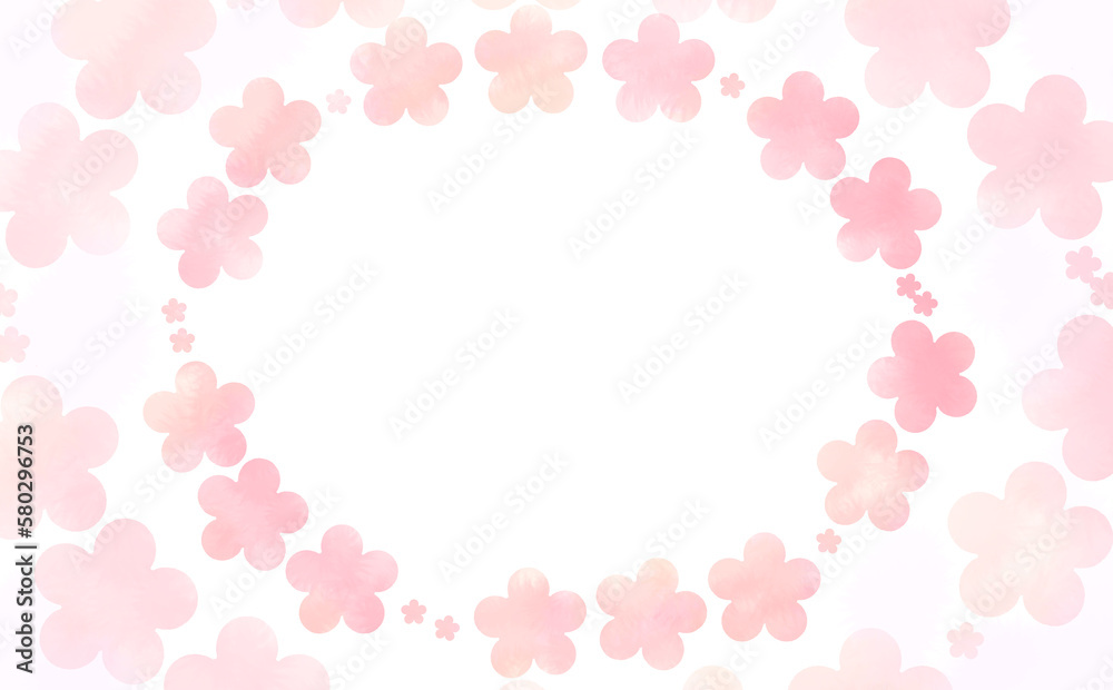 ピンク色の二重の花柄の楕円フレーム-ふんわり水彩画テクスチャ イラスト素材 色違い・差分有