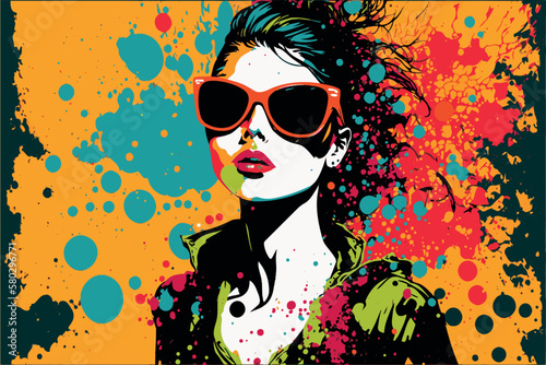 Beautiful woman wearing glasses. Pop art of retro comic girl. Vector art drawing of young pretty happy people. Red lips. Wallpaper of young female. Colorful splashes of paint. Vintage fashion art.