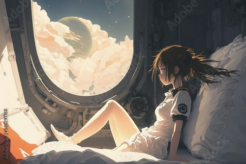 Anime Girl Gazing Into the Sky. Created with Generative AI.