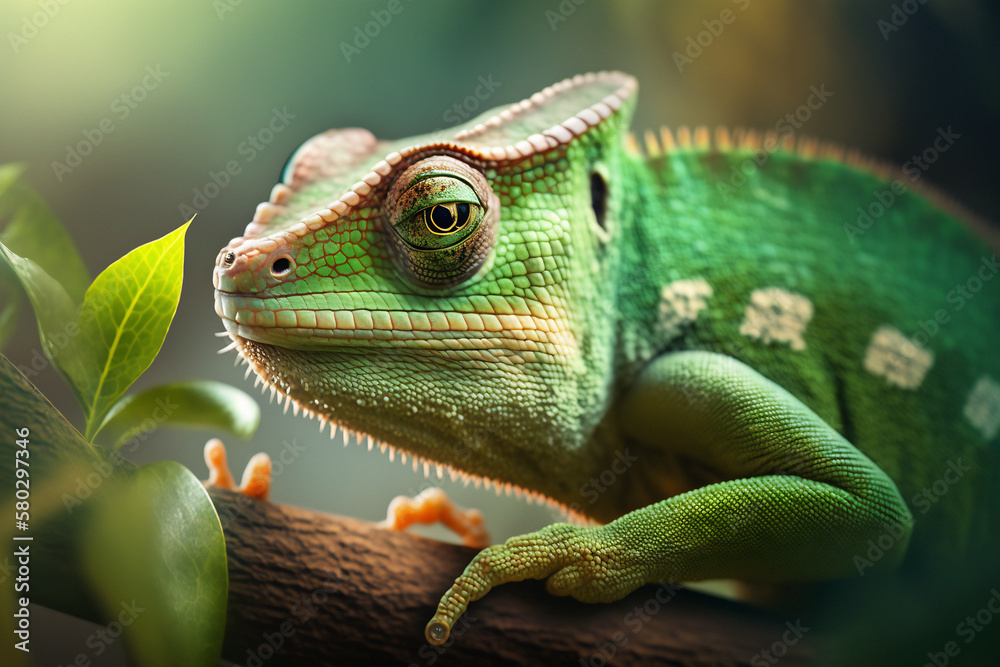 Fototapeta premium Green colored chameleon close up. Generative AI.