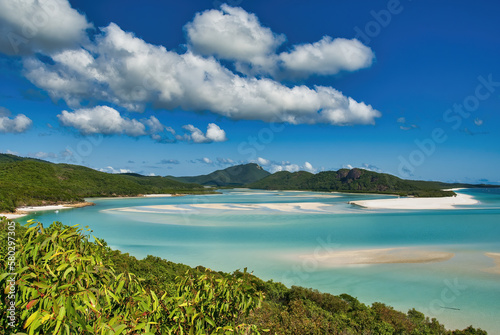Aerial view of Whitehaven Beach and Hill Inlet estuary. Tropical beach paradise background of turquoise blue water and Coral Sea beach - Australia