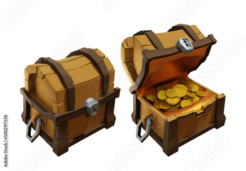 3d rendering of treasure chest filled with gold open and closed perspective view
