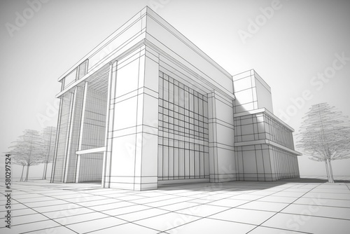 Modern Office Building Wireframe in Perspective. Generative AI