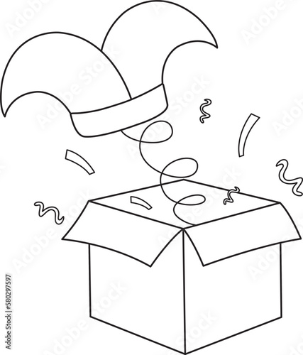 vector illustration of a surprise box, april fools day, clown hat, doodle and sketch