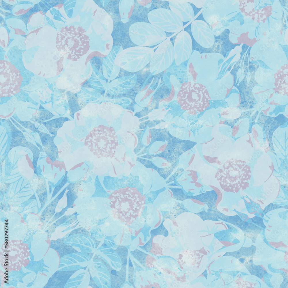 Seamless pattern. Raster illustration. Floral ornament. Picture for packaging design, wrapping. Printing on fabric and paper. Delicate blue flowers.