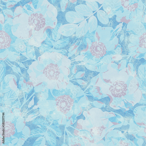 Seamless pattern. Raster illustration. Floral ornament. Picture for packaging design, wrapping. Printing on fabric and paper. Delicate blue flowers.