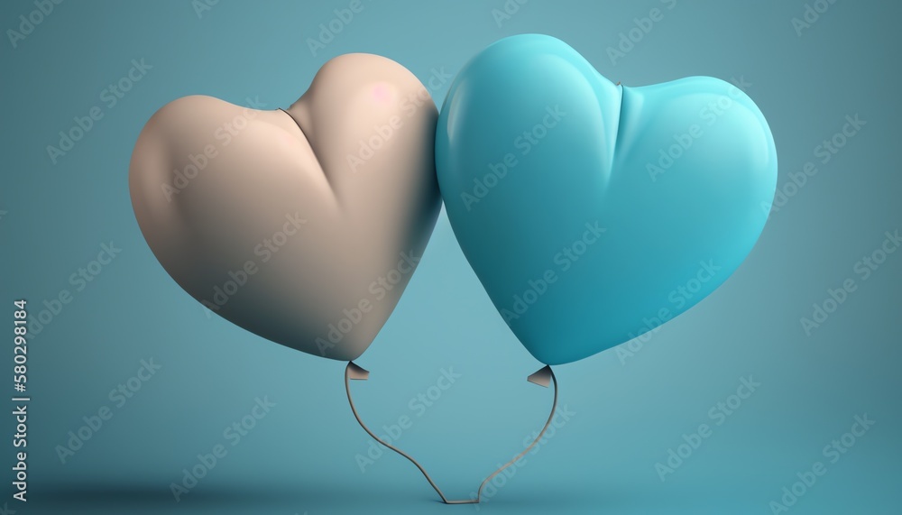 Two beautiful balloons merge into a heart shape on a light blue background