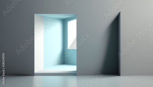 Light minimalist geometric background image in gray and light blue tones with light and shadow from window for product presentation