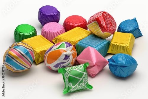 Candy in several bright wrappers  shown on a white background. Generative AI