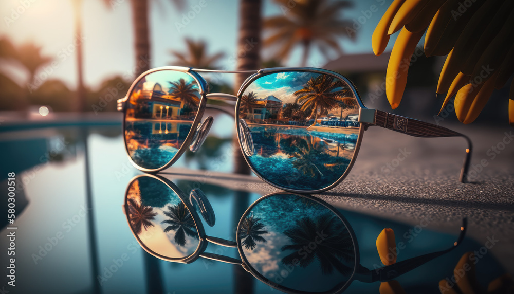 Sunglasses lying on the edge of the pool against the background of the sea and palm trees with a reflection in them, holiday concept created with generative AI technology