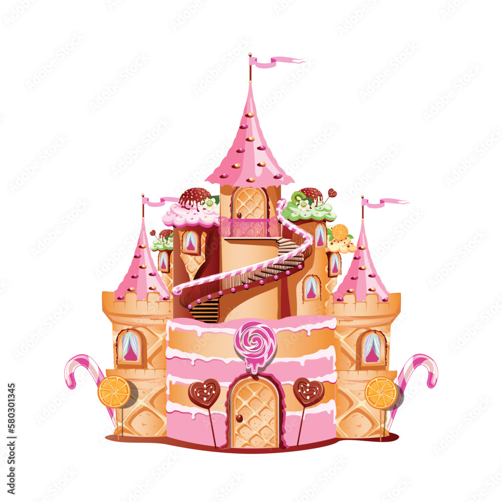 Cake castle in candy land, molasses and chocolate decoration, waffle