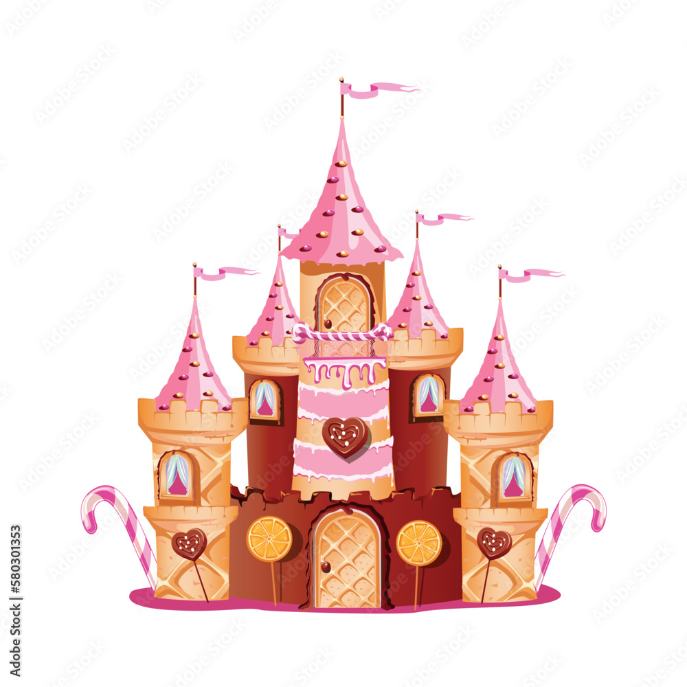 Cake castle in candy land, molasses and chocolate decoration, waffle doors, balcony and towers. Fairytale land sweet background. Vector illustration.