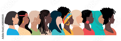 Profiles of beautiful women of different nationalities and cultures stand together. Feminism, women's friendship, equality, women's day, fight for women's rights. European, African American, Asian, Mu