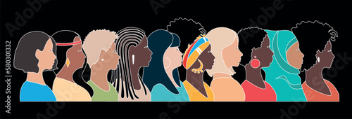 Profiles of beautiful women of different nationalities and cultures stand together. Feminism, women's friendship, equality, women's day, fight for women's rights. European, African American, Asian, Mu