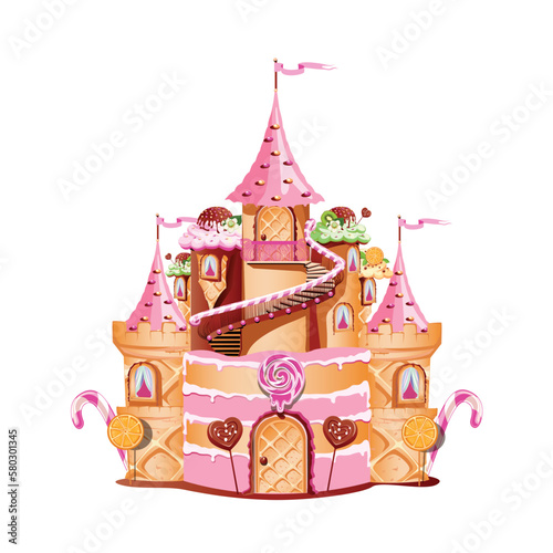 Cake castle in candy land, molasses and chocolate decoration, waffle doors, balcony and towers. Fairytale land sweet background. Vector illustration.