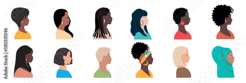 Vector set of  profiles of beautiful women of different nationalities and cultures stand together. Feminism, women's friendship, equality, women's day, fight for women's rights. European, Af