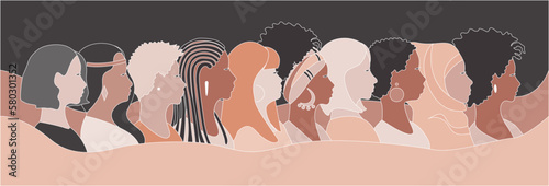 Profiles of beautiful women of different nationalities and cultures stand together. Feminism, women's friendship, equality, women's day, fight for women's rights. European, African American, Asian, Mu