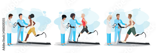 Men and women with a prosthetic leg undergoing rehabilitation in a medical center. People after amputation, together with the doctor, learn to run on a prosthetic leg. Set of vector illustration.