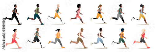 Different people run together. Big set of sports people. Active lifestyle. Vector illustration in flat style isolated on white background.