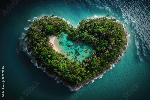 Heart shaped tropical island. Generative AI