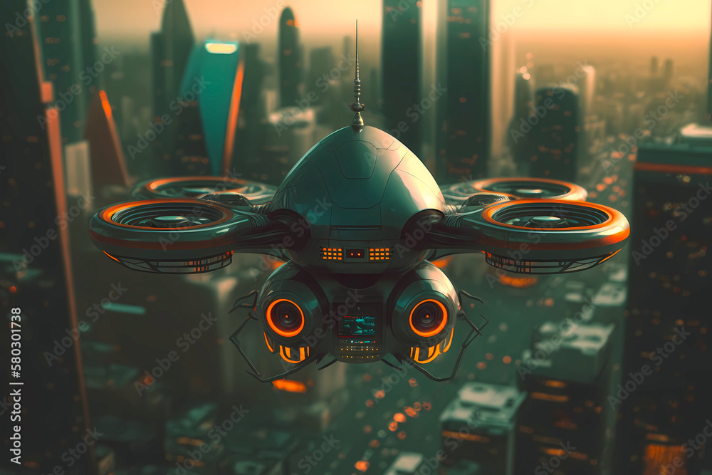 digital illustration of a futuristic police drone over a cyberpunk city ...